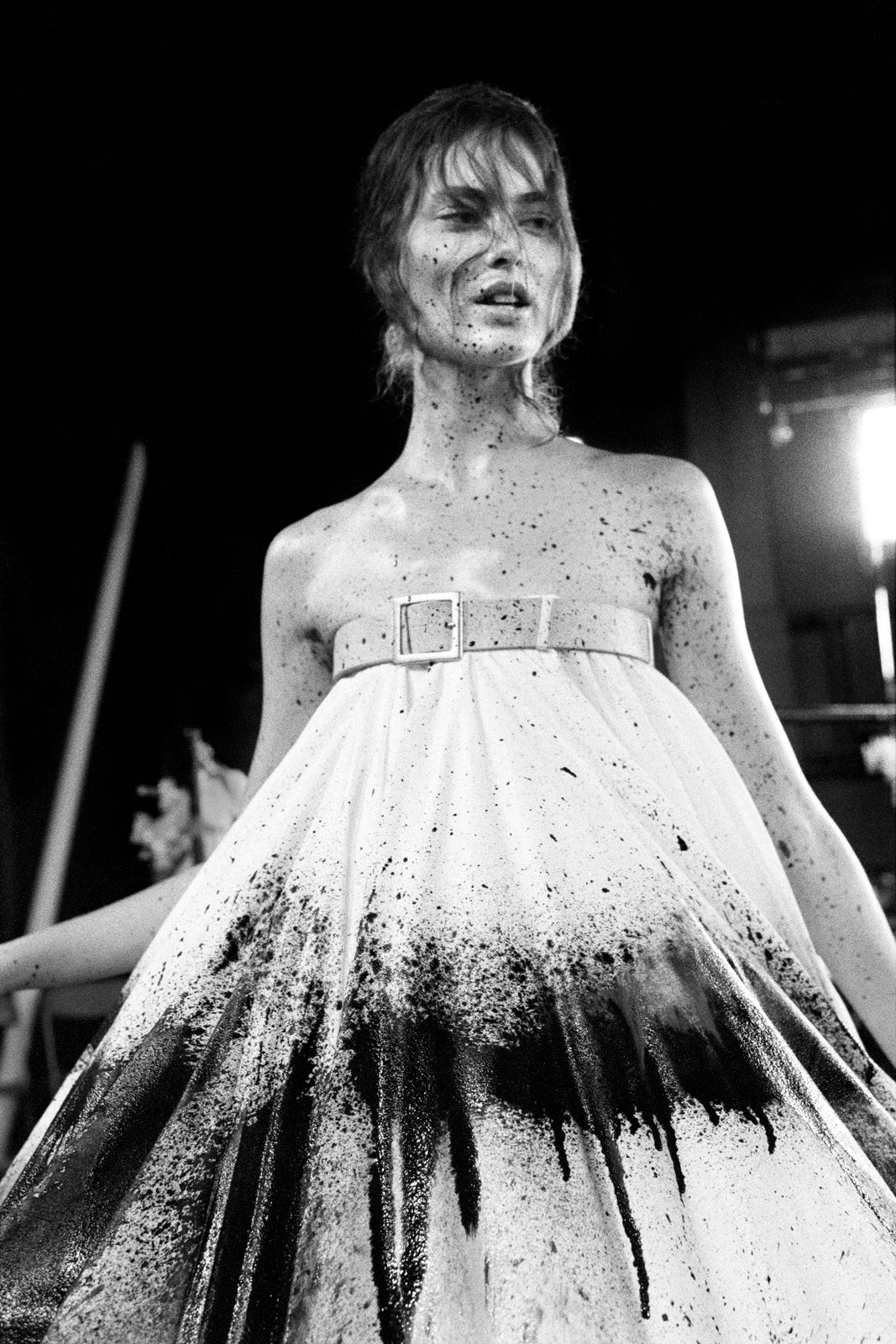 Shalom Harlow wearing the painted McQueen No. 13 dress, photographed by Ann Ray in 1998.