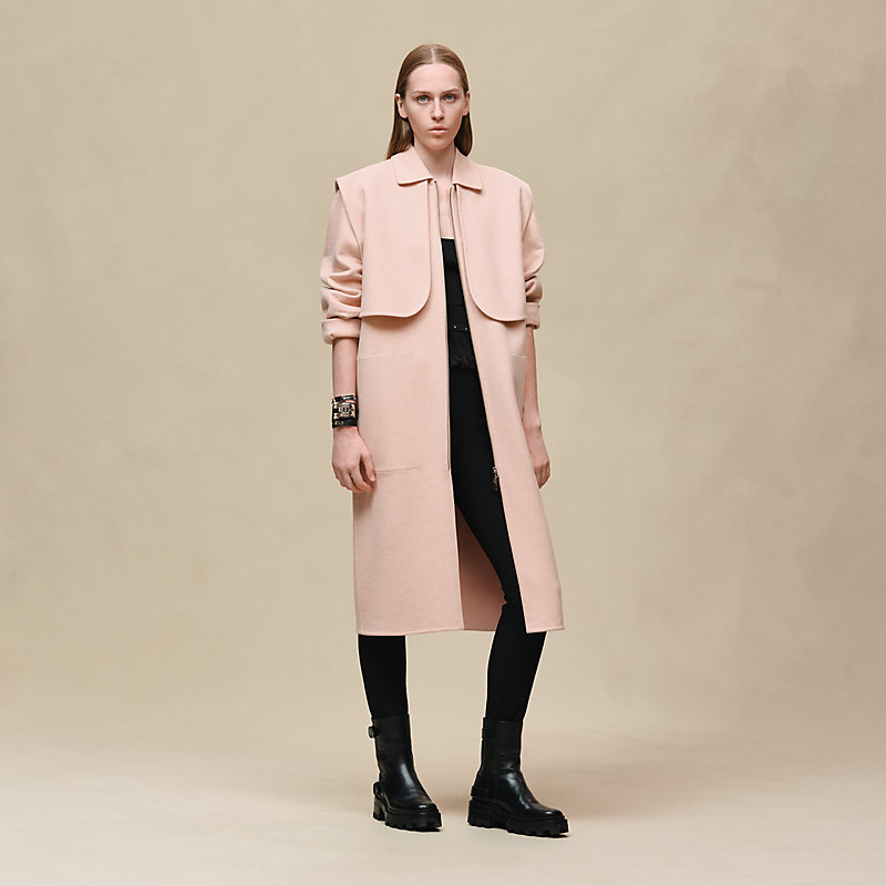 Hermès Long storm flap coat in Rose Palomino, official full-length front view.