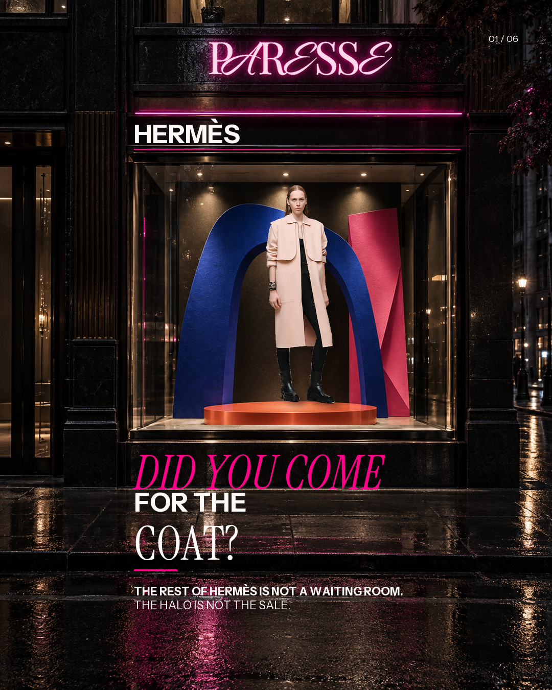 PARESSE editorial night storefront featuring an official Hermès photograph of the Rose Palomino Long storm flap coat in a synthetic display installation.