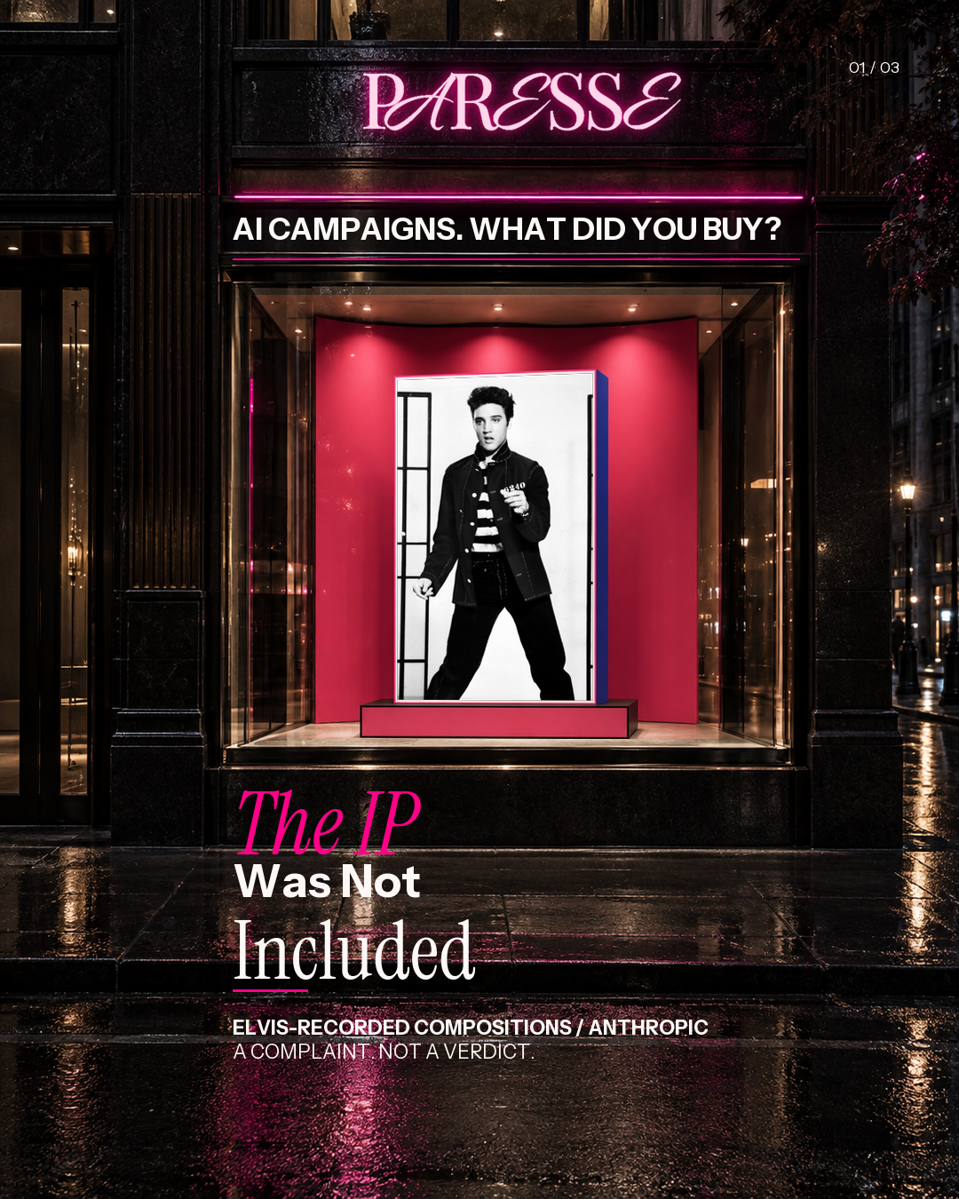 PARESSE editorial storefront with an archival Elvis Presley photograph displayed in a synthetic pink-lit installation.