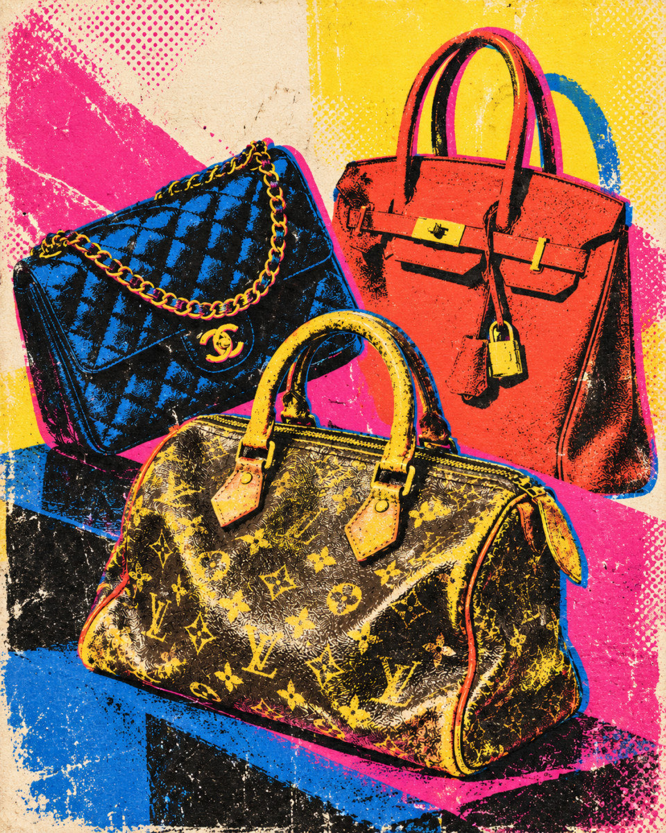 Pop-art montage of three iconic luxury handbags: a quilted chain bag, a structured top-handle bag and a visibly worn monogram bag.